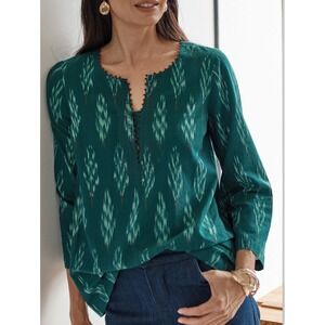 Pure Jill Ikat Embroidered Blouse Women Medium Petite Teal Boho Top